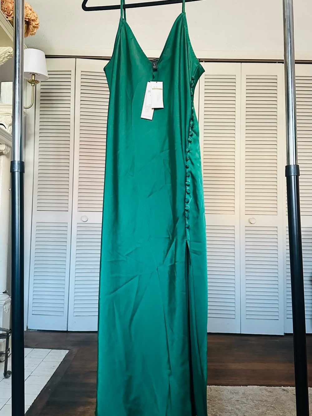 Banana Republic Emerald Green Satin Maxi Slip Dress with Side Button Detail